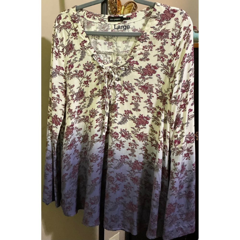 Blu Pepper Womens Floral Ombre Lace Up V-Neck Long Sleeve Boho Blouse Large